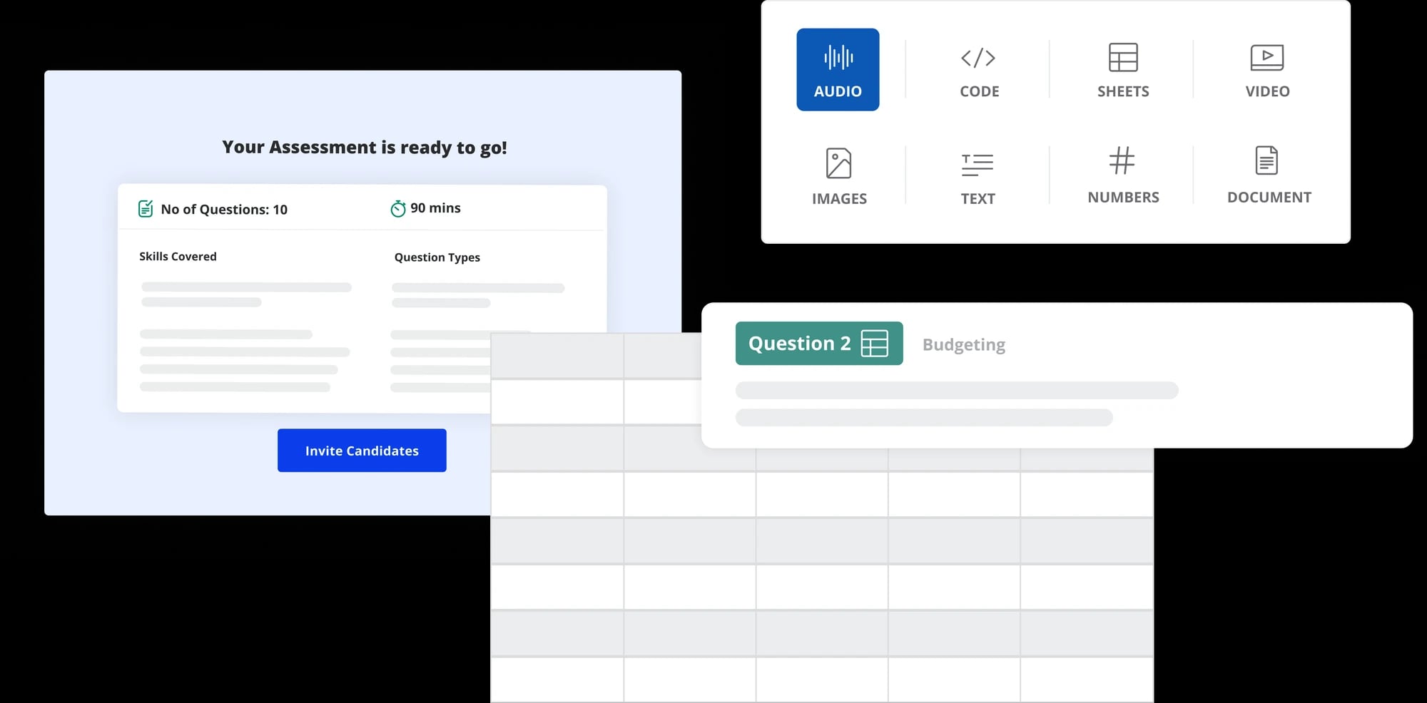 Vervoe AI assessment builder showing a ready assessment and question types