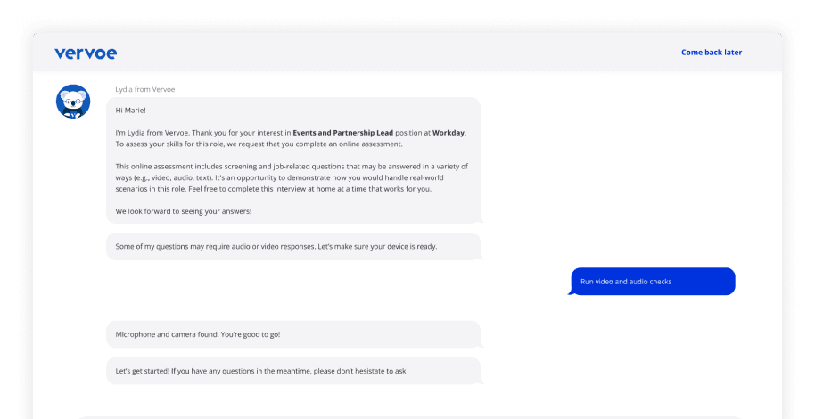 Vervoe conversational AI screening chat, guiding a candidate through an interview