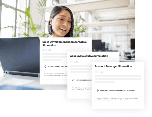 Three work simulations testing sales skills across SDR, business development, and account manager roles