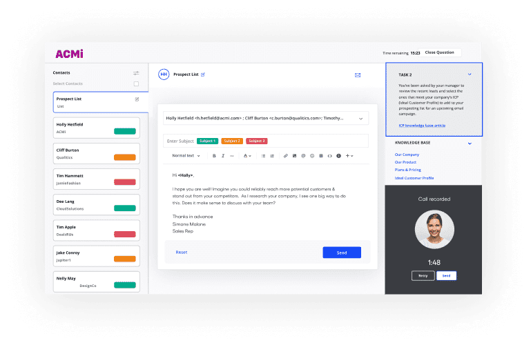 Vervoe's work simulation testing the skills of a sales development representative
