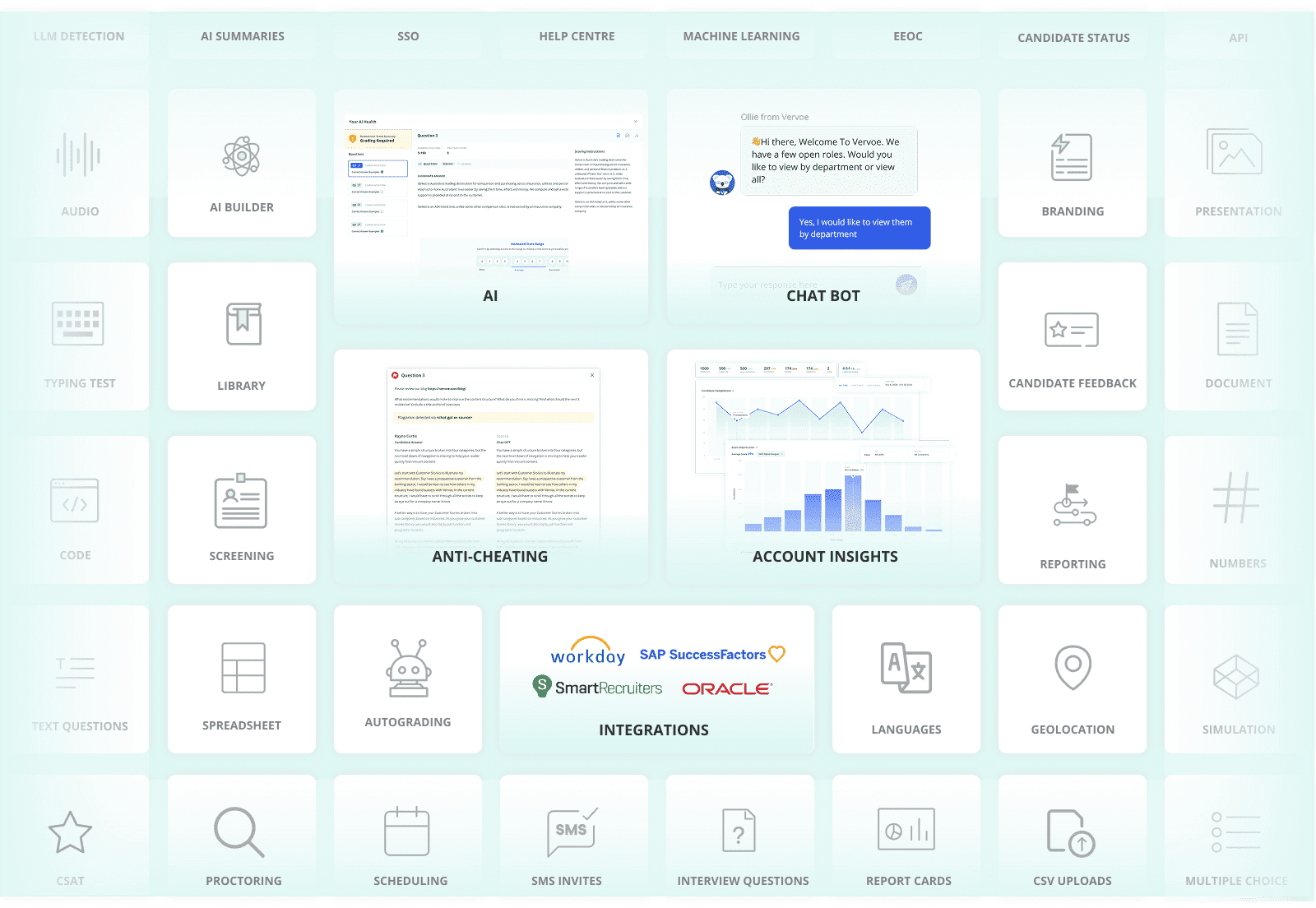Skills assessment showcase - various assessment types including coding, video responses, spreadsheets, and presentations