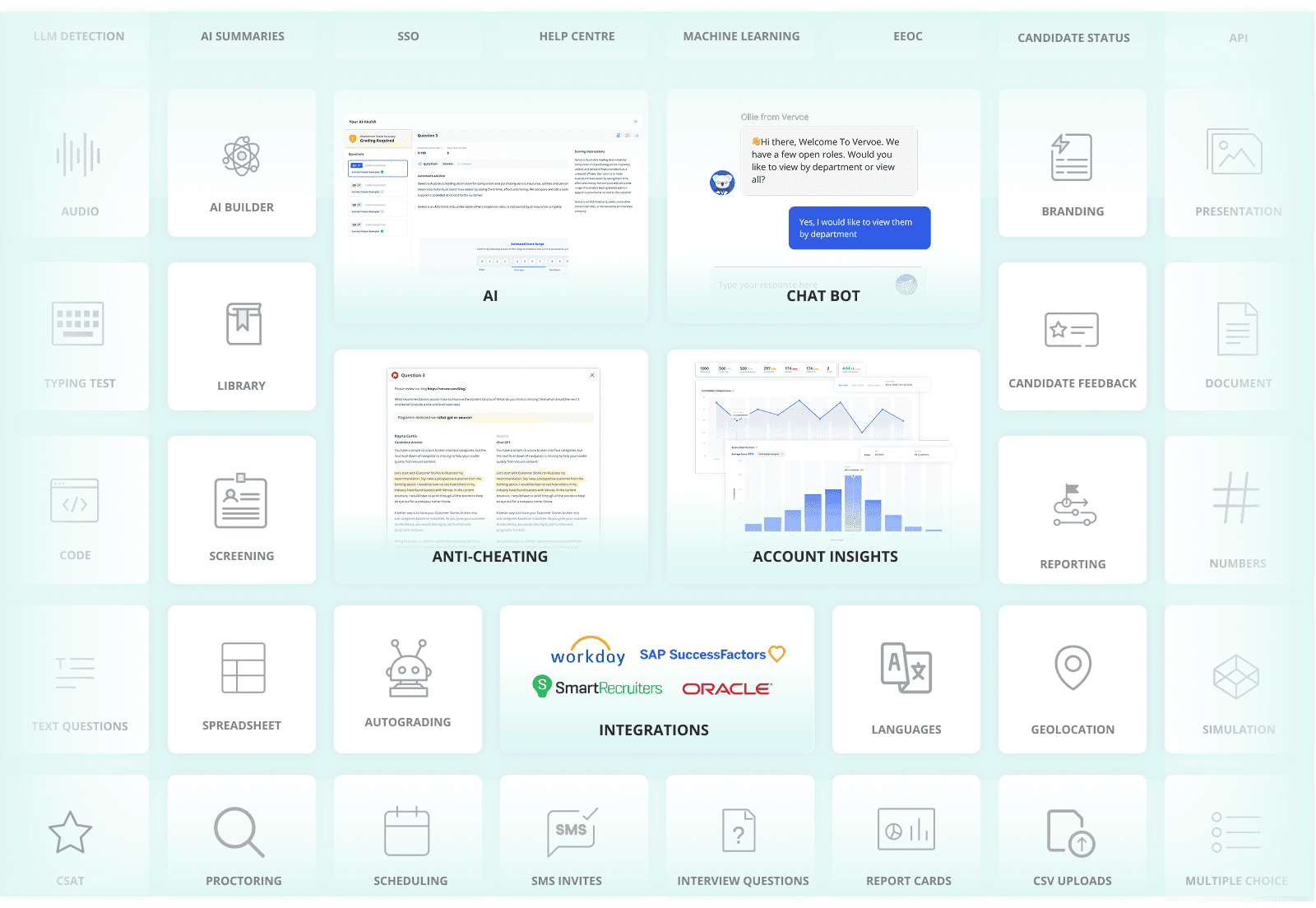 Skills assessment showcase - various assessment types including coding, video responses, spreadsheets, and presentations