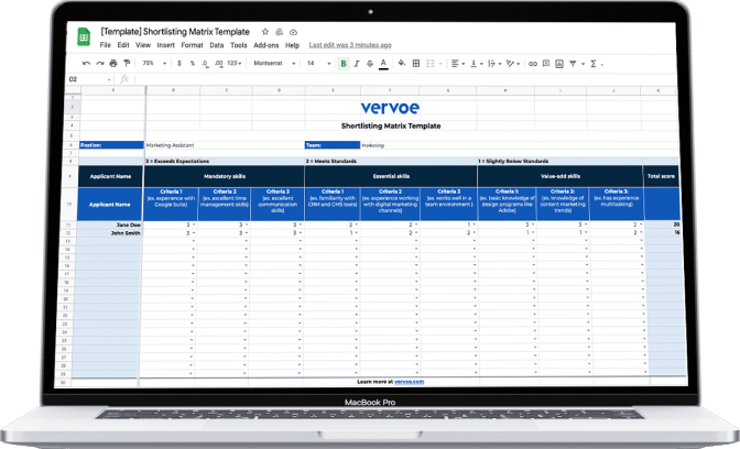 Shortlist matrix preview