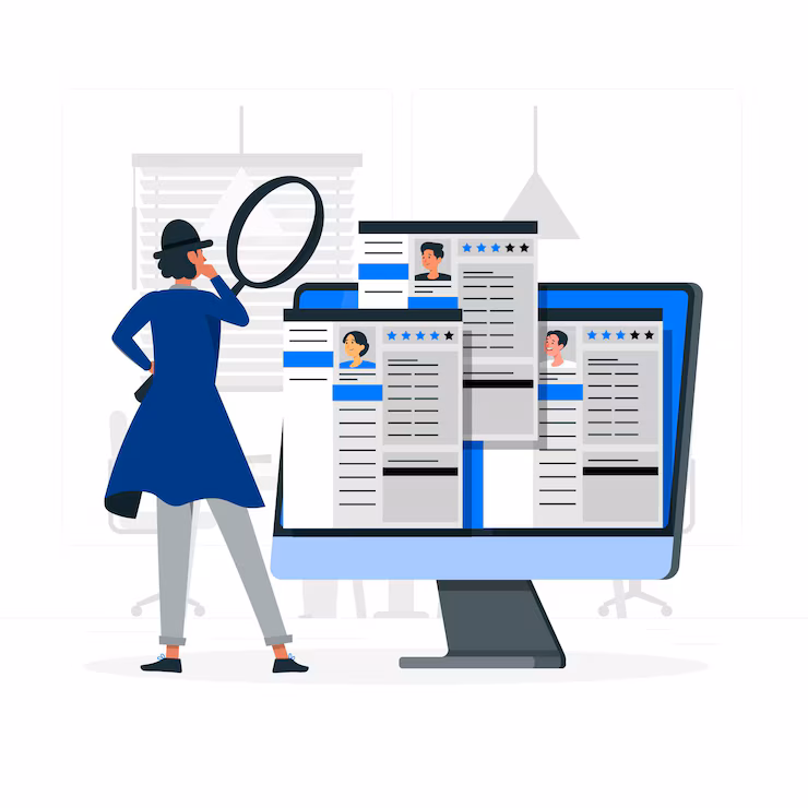 An illustration showing a man observing a group of resumes on a screen
