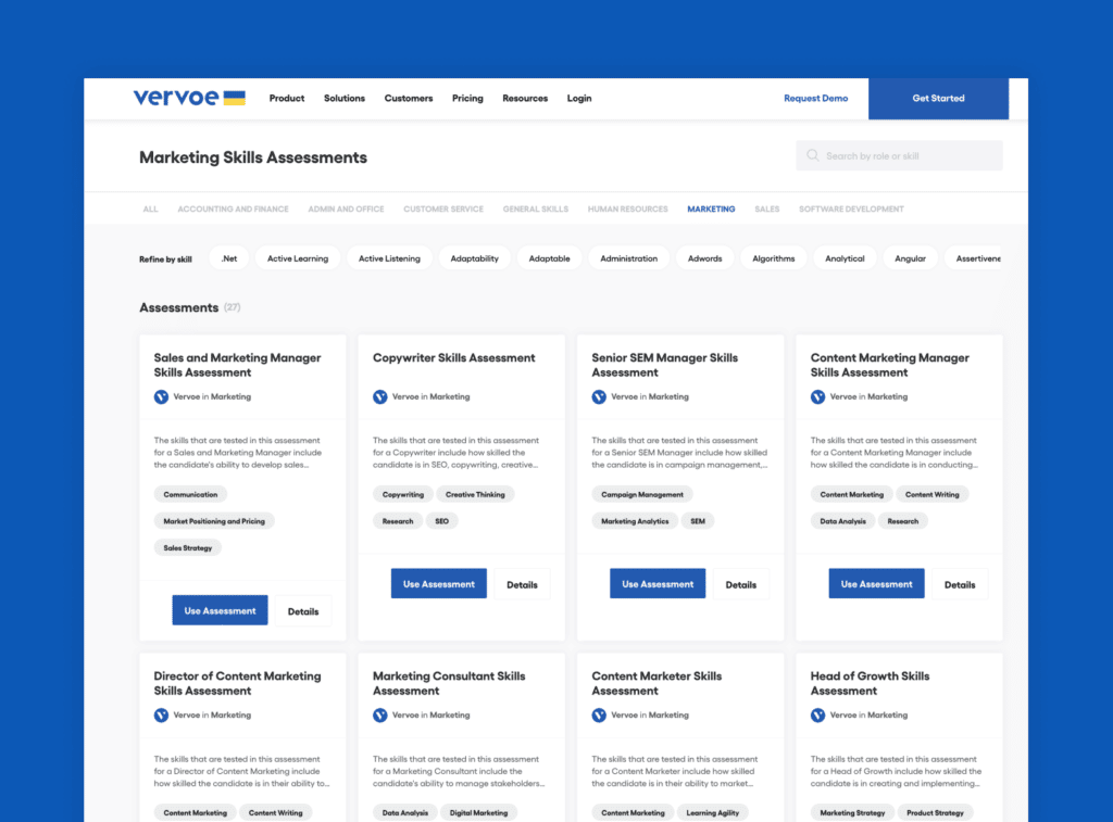 Vervoe's sklills assessment library for marketing roles