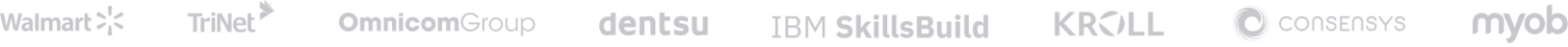 Logos of companies that use vervoe as either a standalone platform, with partner integrations, or through api credentialing: ibm skillsbuild, dentsu, kroll, omnicom, trinet, consensys, myob, walmart