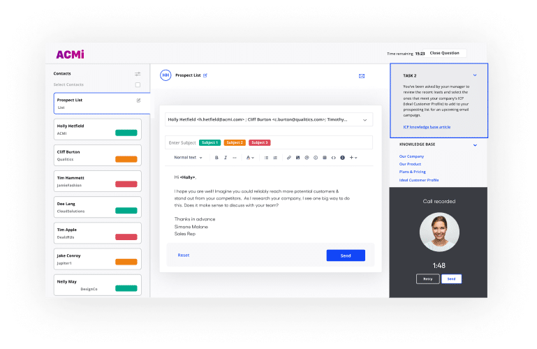 Vervoe's work simulations test the skills of a sale development representative.