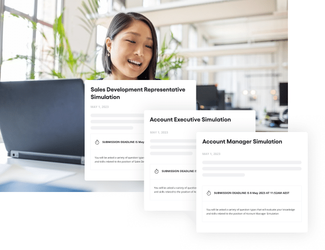 3 work simulations to test skills and real-world knowledge of salespeople in sdr, business development and account manager roles