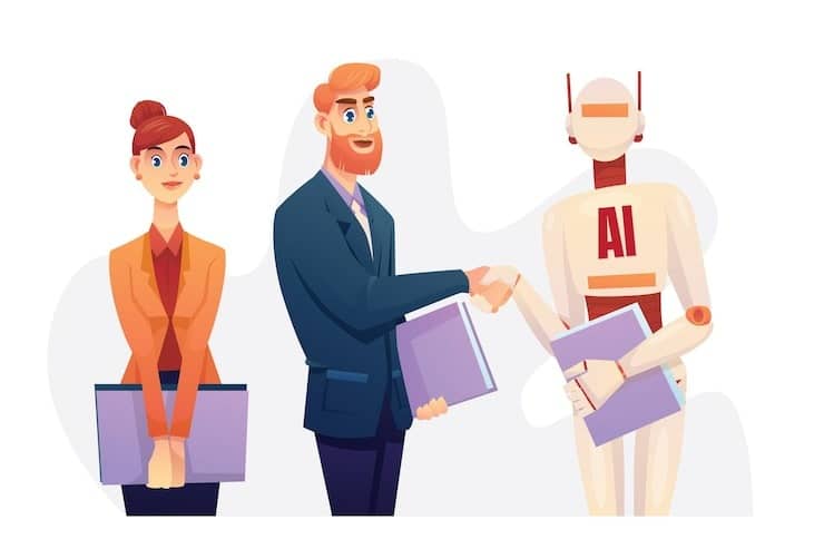 The Talent Leaders Guide to Choosing AI Hiring Software 1 Recruiter shaking hands with AI